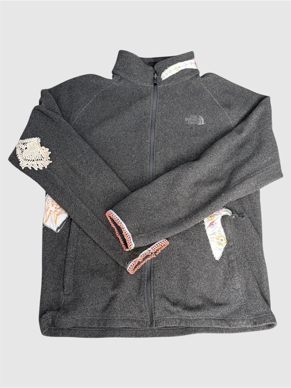 Upcycled The North Face Fleece Jacket Crochet Lace Floral Patch